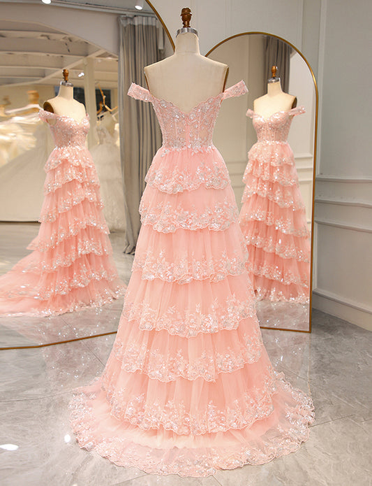 Robe longue de bal de fin d'année rose avec applications