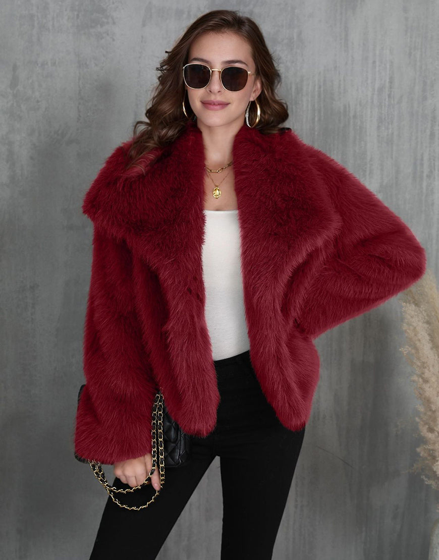 Manteau d'hiver court et moelleux en peluche pour femme avec revers à café