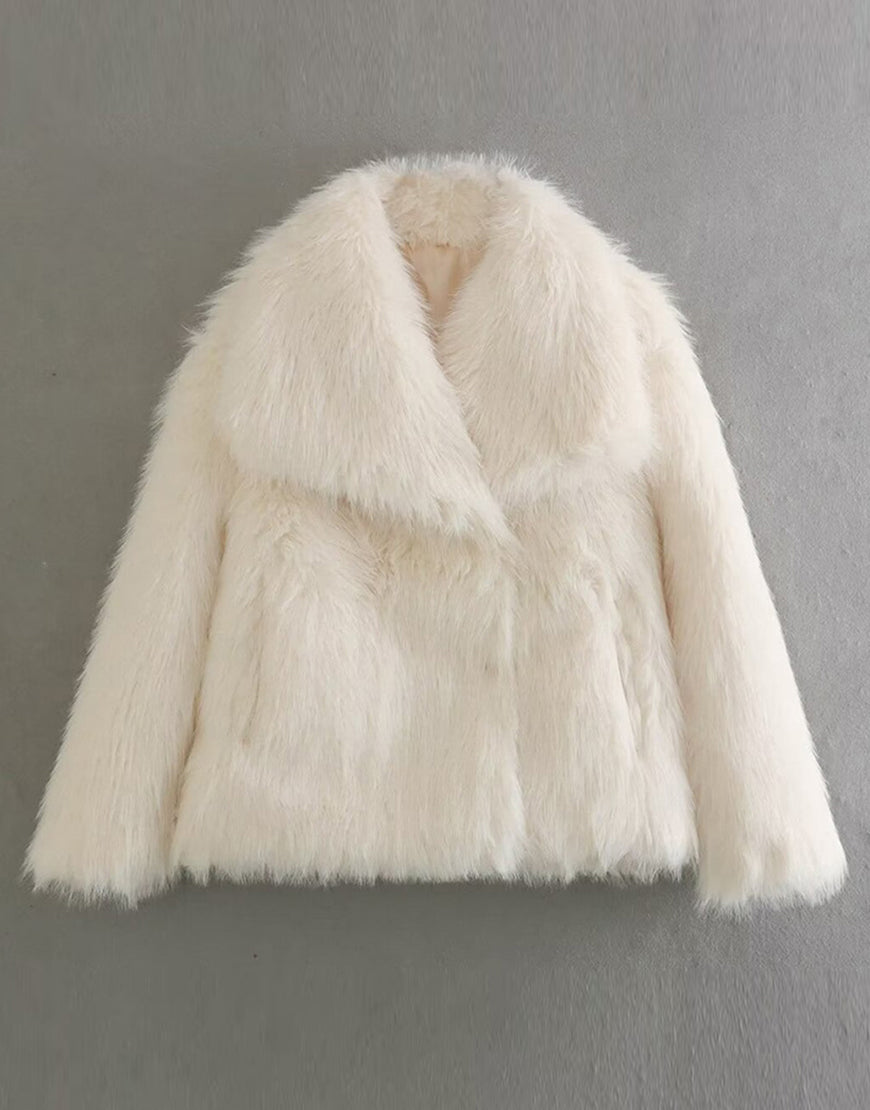 Manteau d'hiver court et moelleux en peluche pour femme avec revers à café