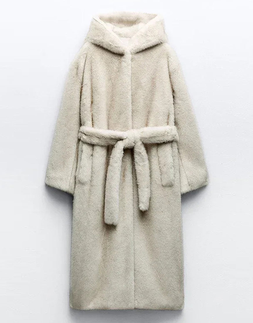 Manteau long d'hiver en fourrure pelucheuse chaude à capuche gris beige pour femme avec ceinture