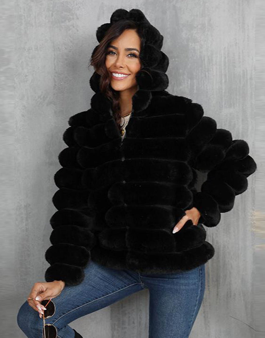 Manteau d'hiver court à capuche noir en peluche chaude de haute qualité pour femme