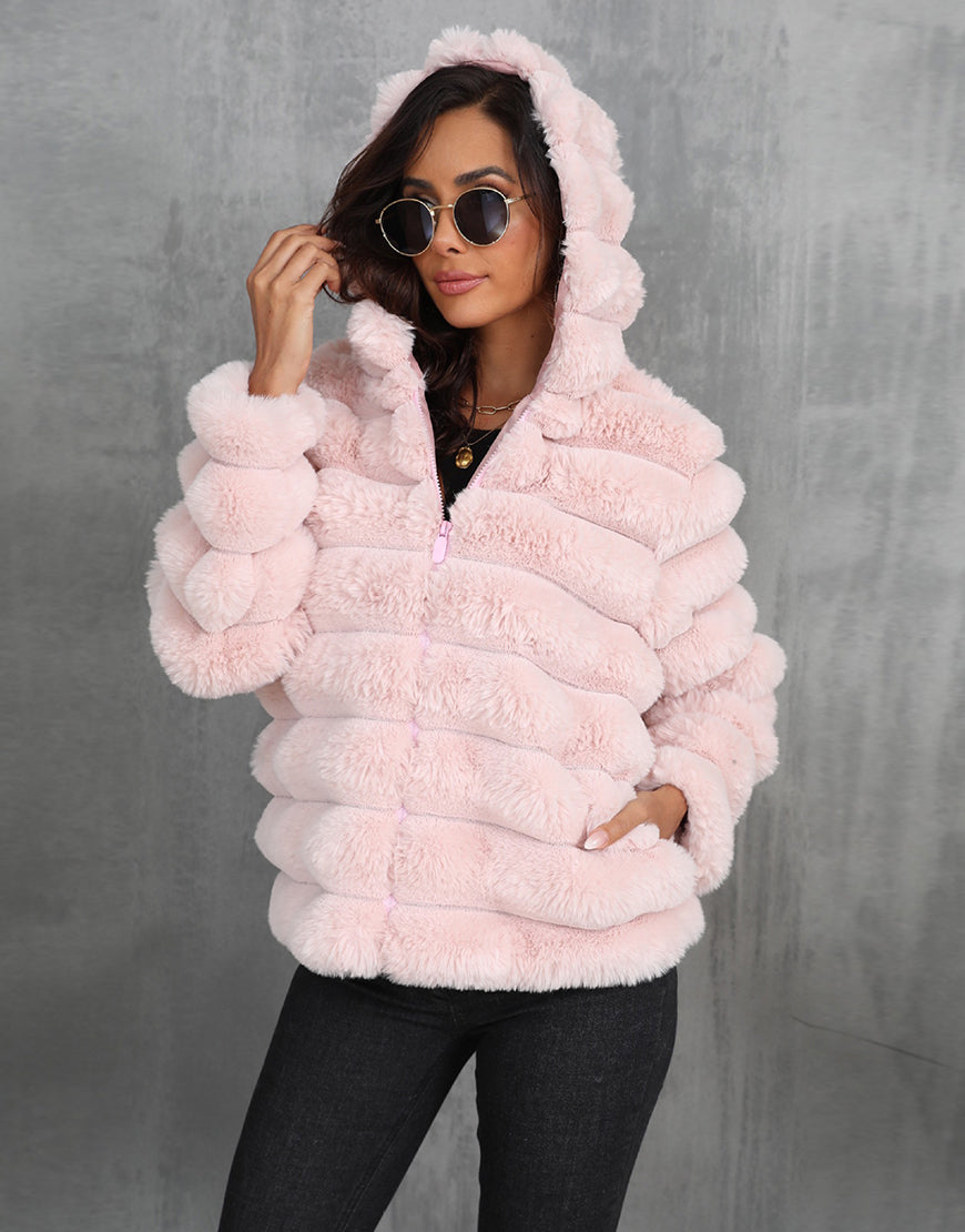 Manteau d'hiver court à capuche noir en peluche chaude de haute qualité pour femme