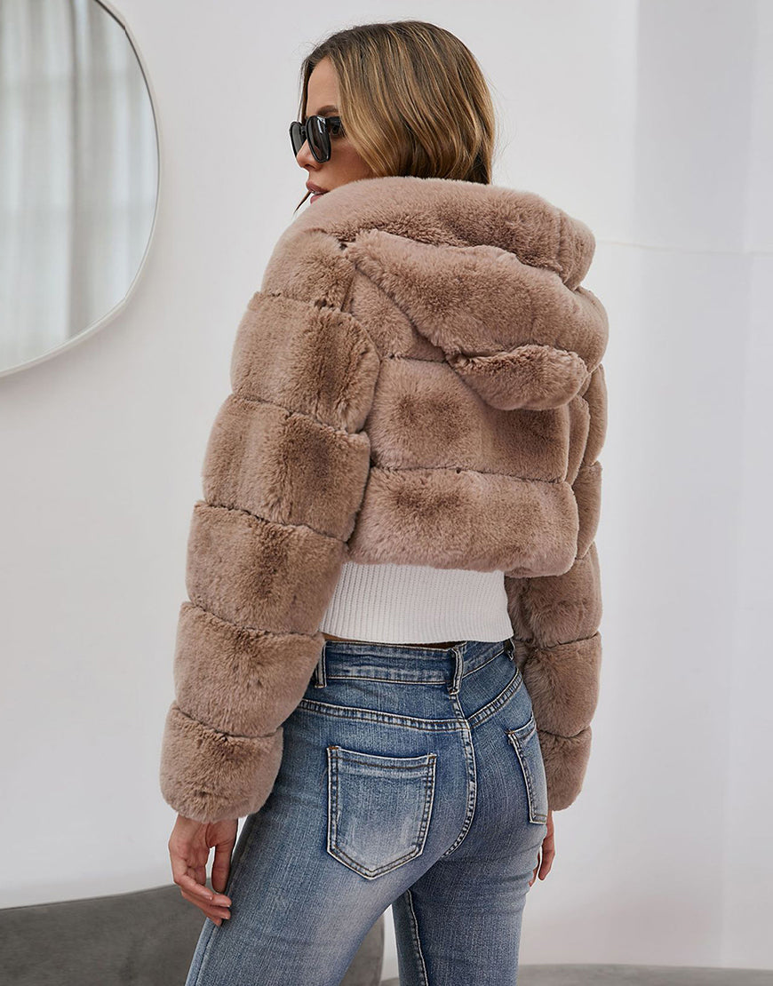 Manteau court d'hiver en fourrure moelleuse et chaude pour femme, kaki, à capuche, de haute qualité