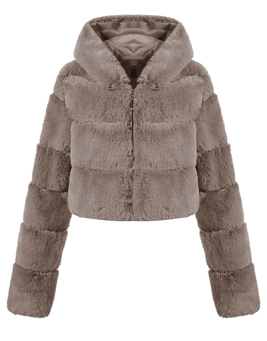 Manteau court d'hiver en fourrure moelleuse et chaude pour femme, kaki, à capuche, de haute qualité