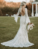 Robe de Mariée Sirène à Manches Longues avec Découpe dans le Dos et Appliqués