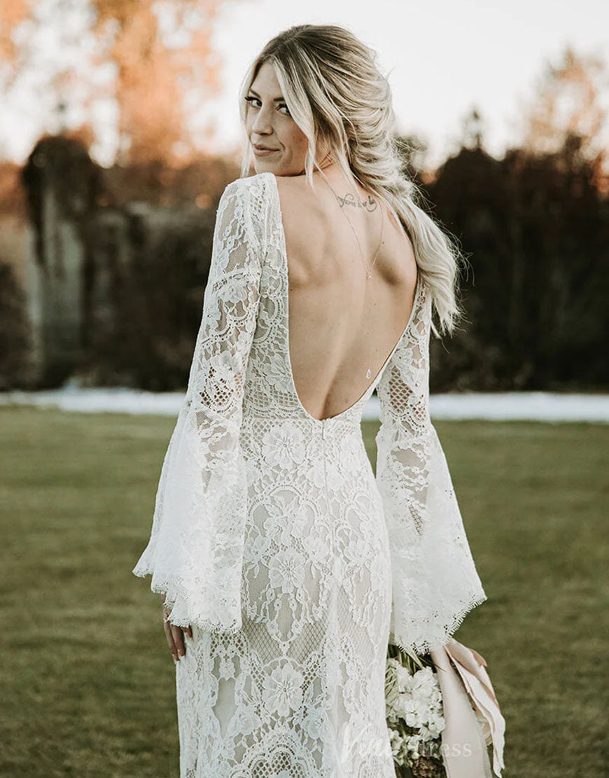 Robe de Mariée Sirène à Manches Longues avec Découpe dans le Dos et Appliqués