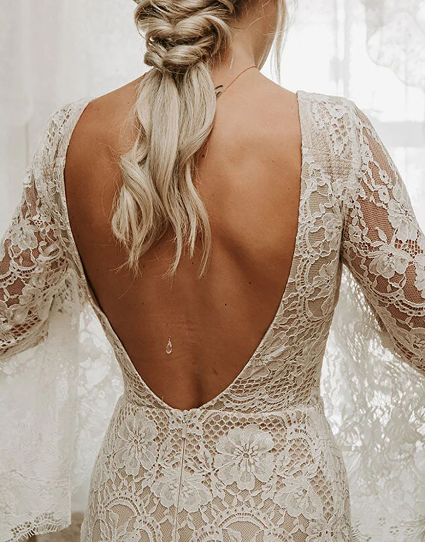 Robe de Mariée Sirène à Manches Longues avec Découpe dans le Dos et Appliqués