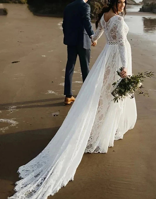 Robe de Mariée à Col Rond avec Manches Longues en Dentelle et Jupe Évasée