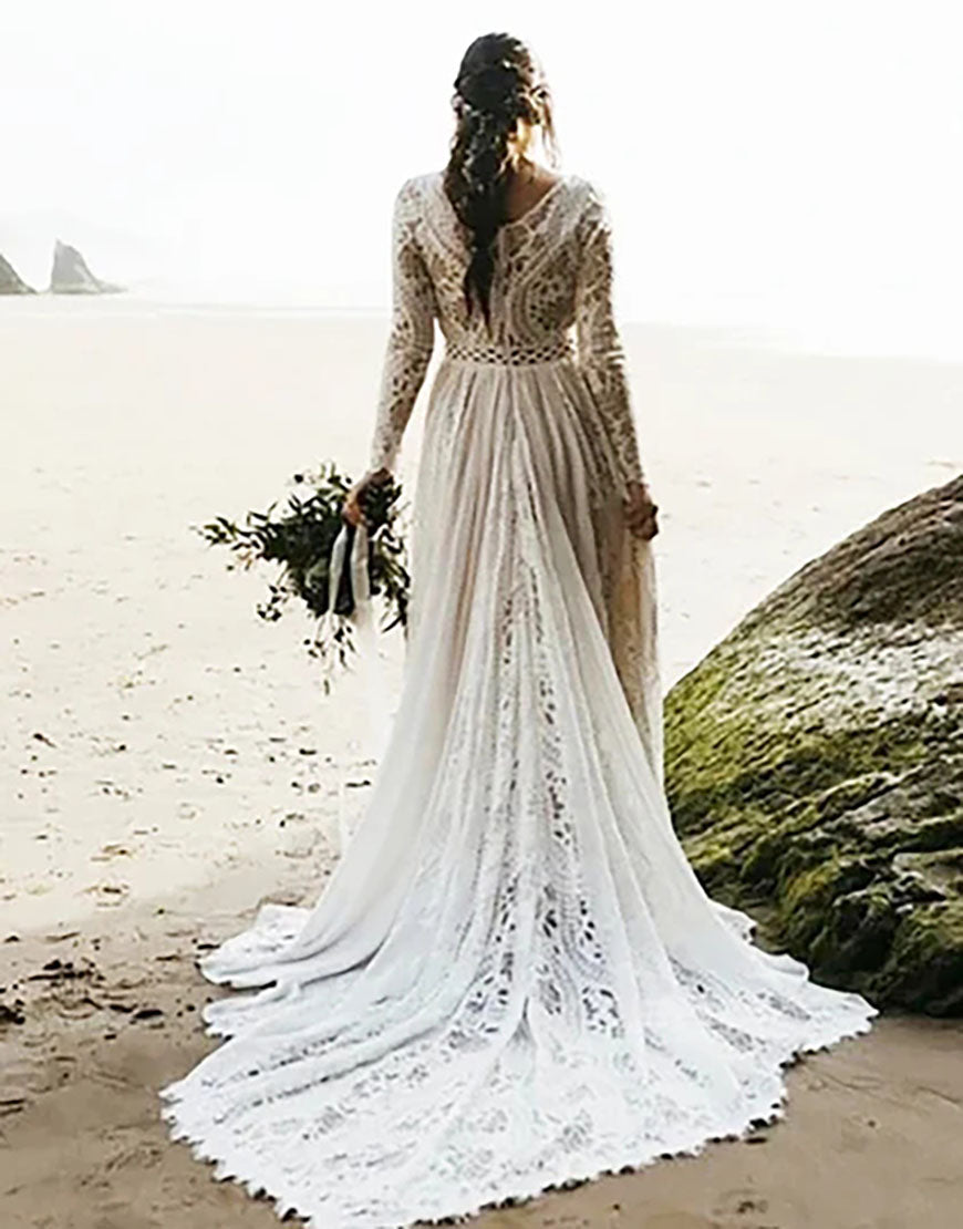 Robe de Mariée à Col Rond avec Manches Longues en Dentelle et Jupe Évasée