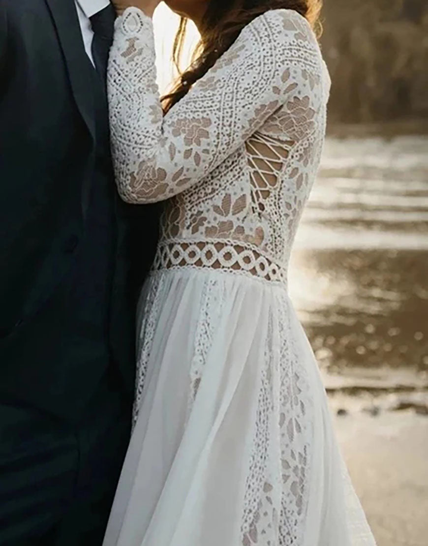 Robe de Mariée à Col Rond avec Manches Longues en Dentelle et Jupe Évasée