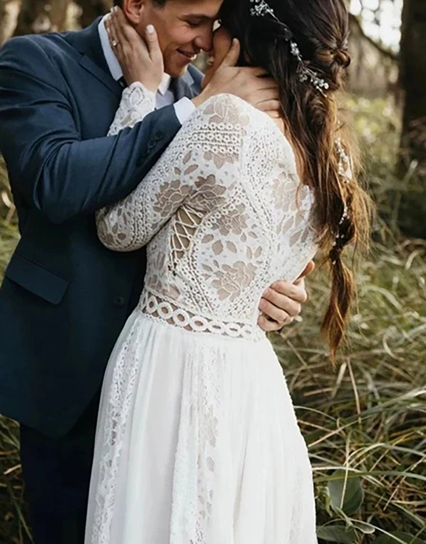 Robe de Mariée à Col Rond avec Manches Longues en Dentelle et Jupe Évasée