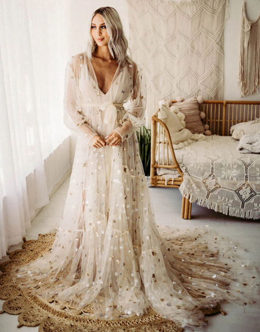 Robe de Mariée en Tulle à Décolleté Plongeant en V avec Manches Longues Paillettes et Plissée