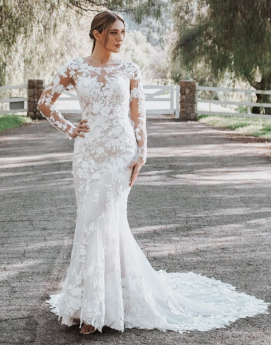 Robe de Mariée Sirène à Col Rond Transparent avec Appliqués et Jupe Évasée