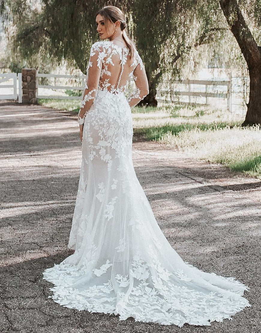 Robe de Mariée Sirène à Col Rond Transparent avec Appliqués et Jupe Évasée