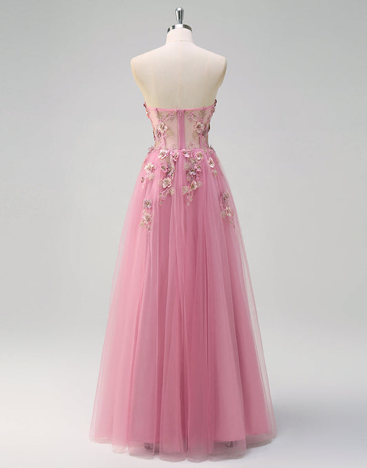 Robe de bal longue en tulle avec décolleté en cœur et fente, motif floral 3D Taro