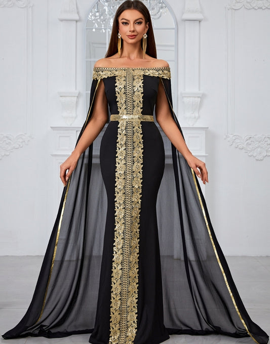 Robe de Soirée Ajustée à Épaule Dénudée avec Cape et Traîne en Dentelle