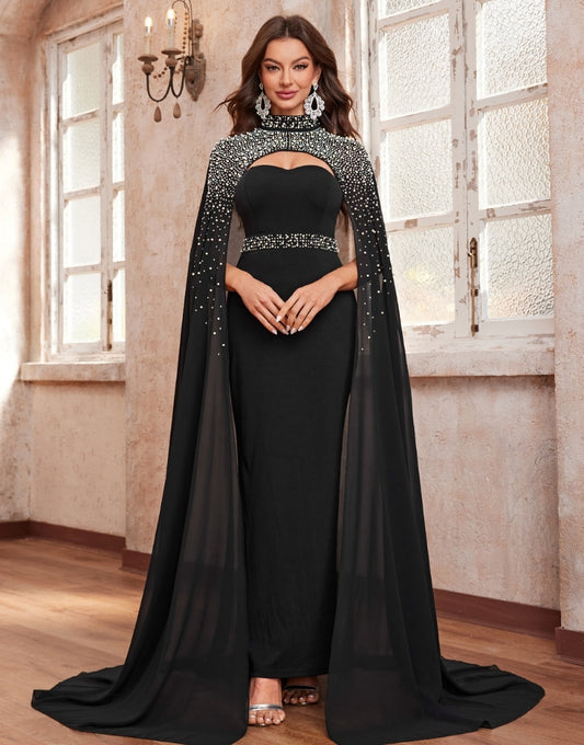 Robe de Soirée Élégante en Ligne Droite avec Cape Décolleté et Détails en Strass