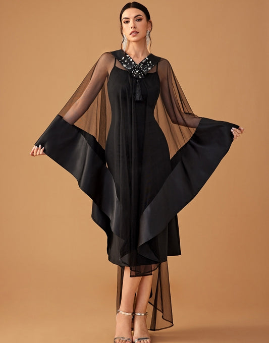 Robe Mi-Longue Unique en Tulle à Manches Chauve-Souris