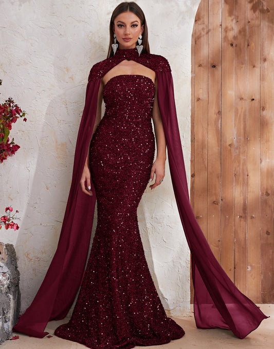 Robe de Bal Classique en Sequins avec Fente Évasée et Cape en Tulle