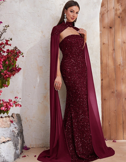 Robe de Bal Classique en Sequins avec Fente Évasée et Cape en Tulle