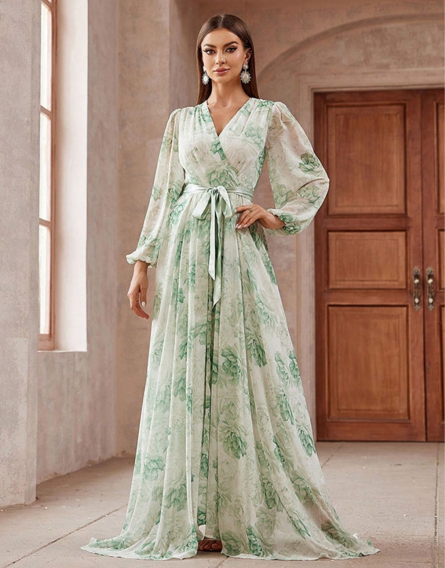 Robe de Bal Évasée à Taille Haute avec Imprimé Floral