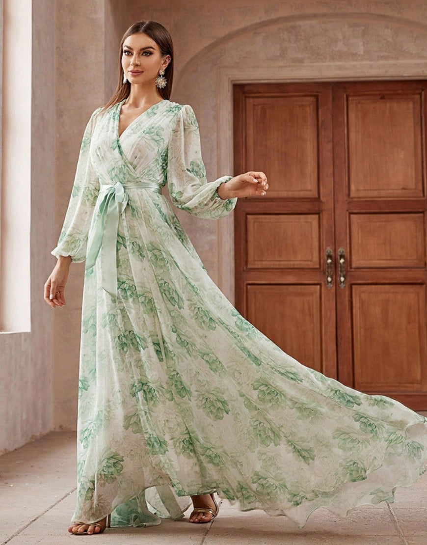 Robe de Bal Évasée à Taille Haute avec Imprimé Floral