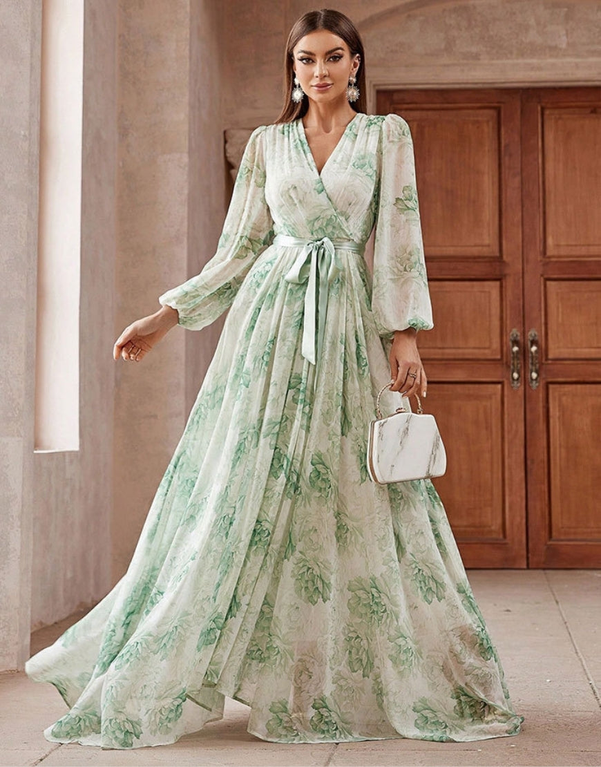 Robe de Bal Évasée à Taille Haute avec Imprimé Floral