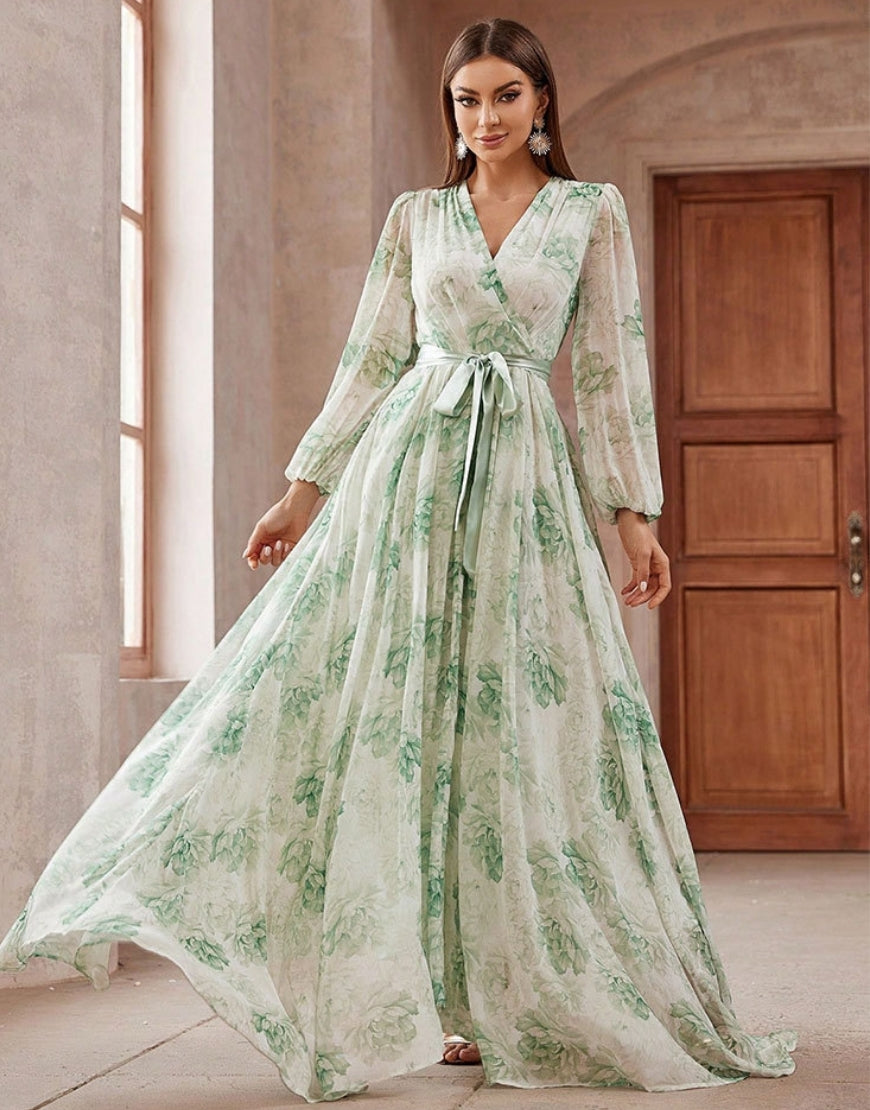 Robe de Bal Évasée à Taille Haute avec Imprimé Floral