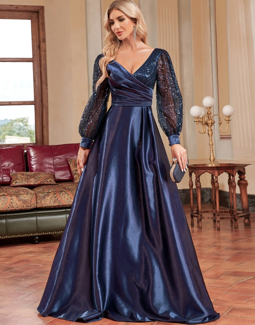 Robe de Soirée A-Ligne en Satin avec Manches Lanternes Éblouissante