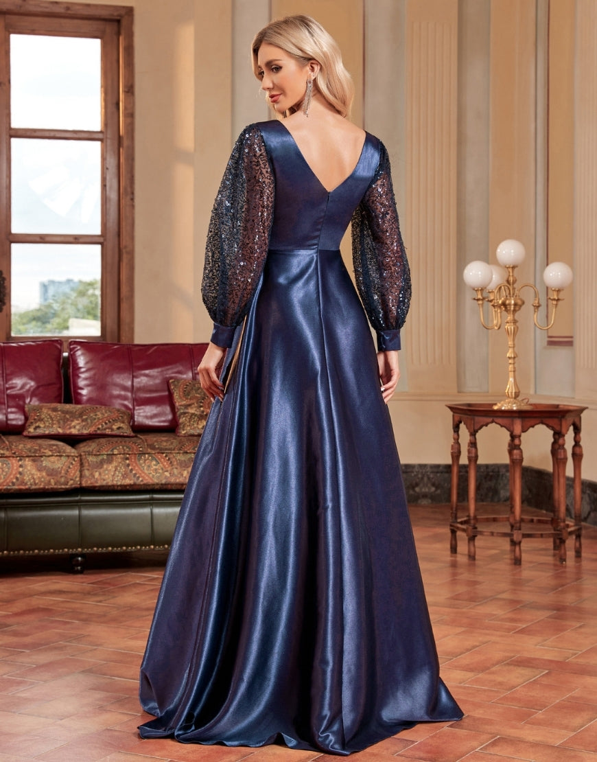 Robe de Soirée A-Ligne en Satin avec Manches Lanternes Éblouissante