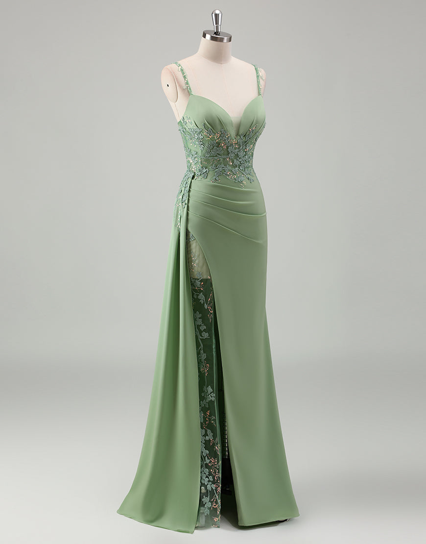 Robe de bal longue vert pâle avec appliques de paillettes en forme de spaghettis et étui