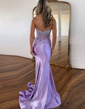 Robe de bal sirène violette sans bretelles sans manches