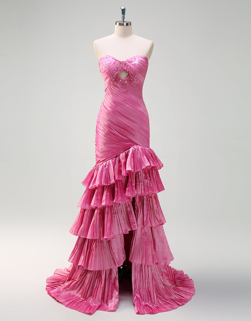 Robe de bal longue fuchsia à volants et décolleté en cœur avec fente