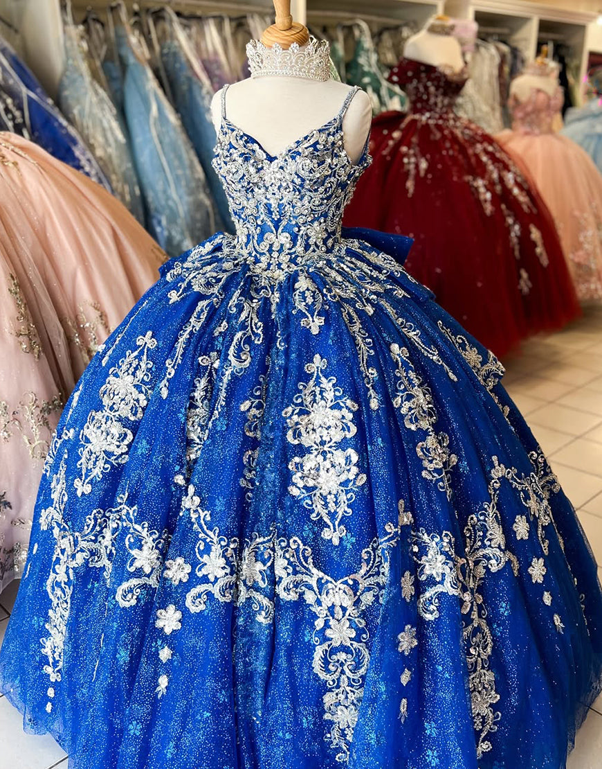 Robe de bal bleu royal à appliqués spaghetti et nœud