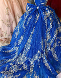 Robe de bal bleu royal à appliqués spaghetti et nœud