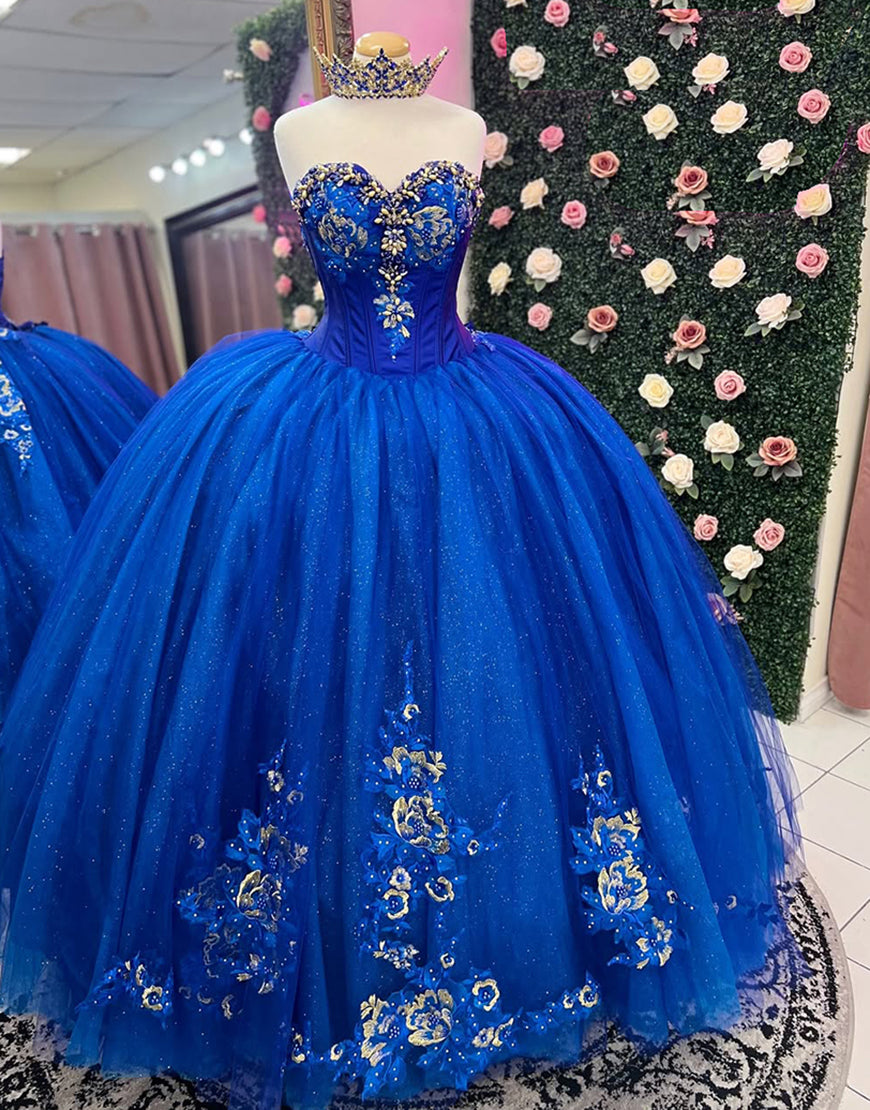 Robe de princesse Quinceanera à paillettes bleu royal scintillantes sans bretelles avec appliques