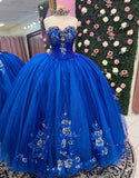 Robe de princesse Quinceanera à paillettes bleu royal scintillantes sans bretelles avec appliques