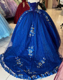 Robe de princesse Quinceanera à paillettes bleu royal scintillantes sans bretelles avec appliques