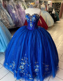 Robe de princesse Quinceanera à paillettes bleu royal scintillantes sans bretelles avec appliques