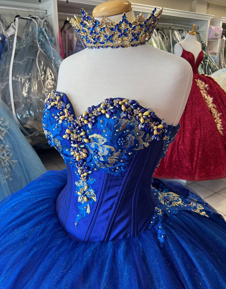 Robe de princesse Quinceanera à paillettes bleu royal scintillantes sans bretelles avec appliques