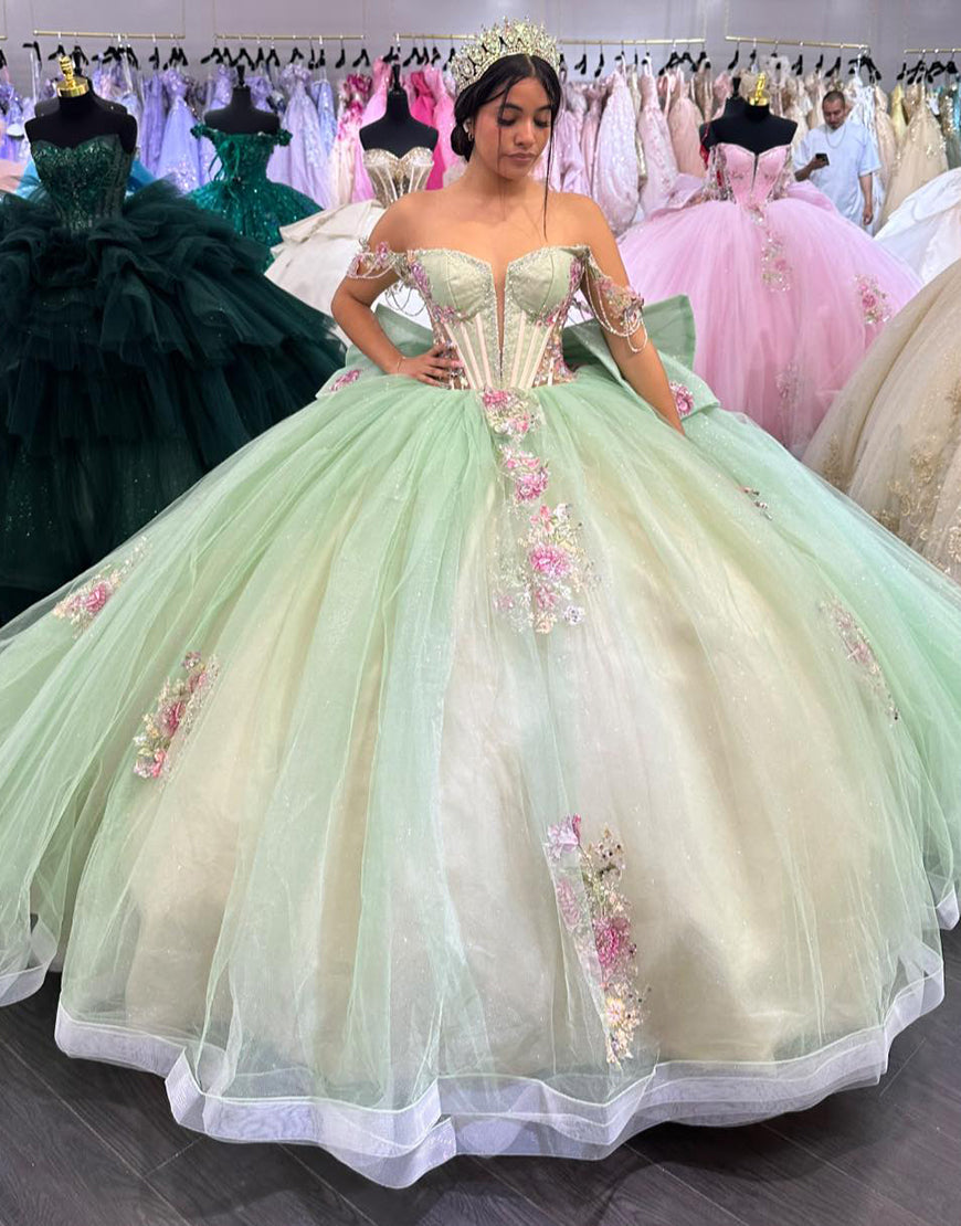 Robe de Quinceanera en tulle vert clair avec appliques à épaules dénudées