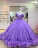 Robe de bal en tulle à épaules dénudées et fleurs violettes en 3D