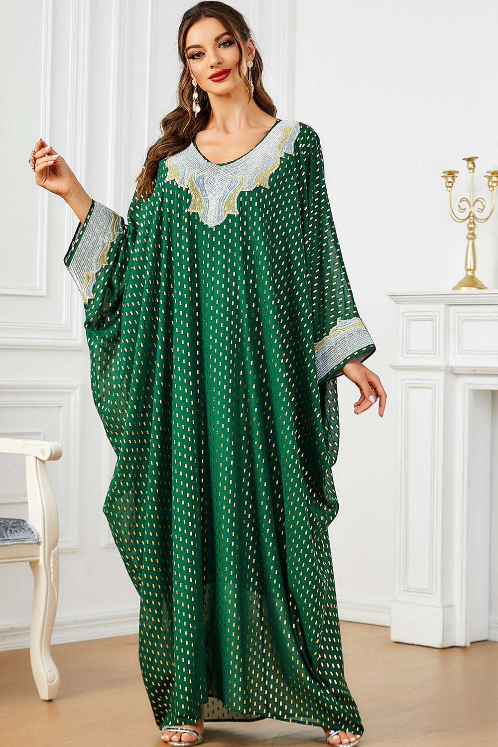 Robe de soirée abaya kaftan à manches chauve-souris à pois blanc vert