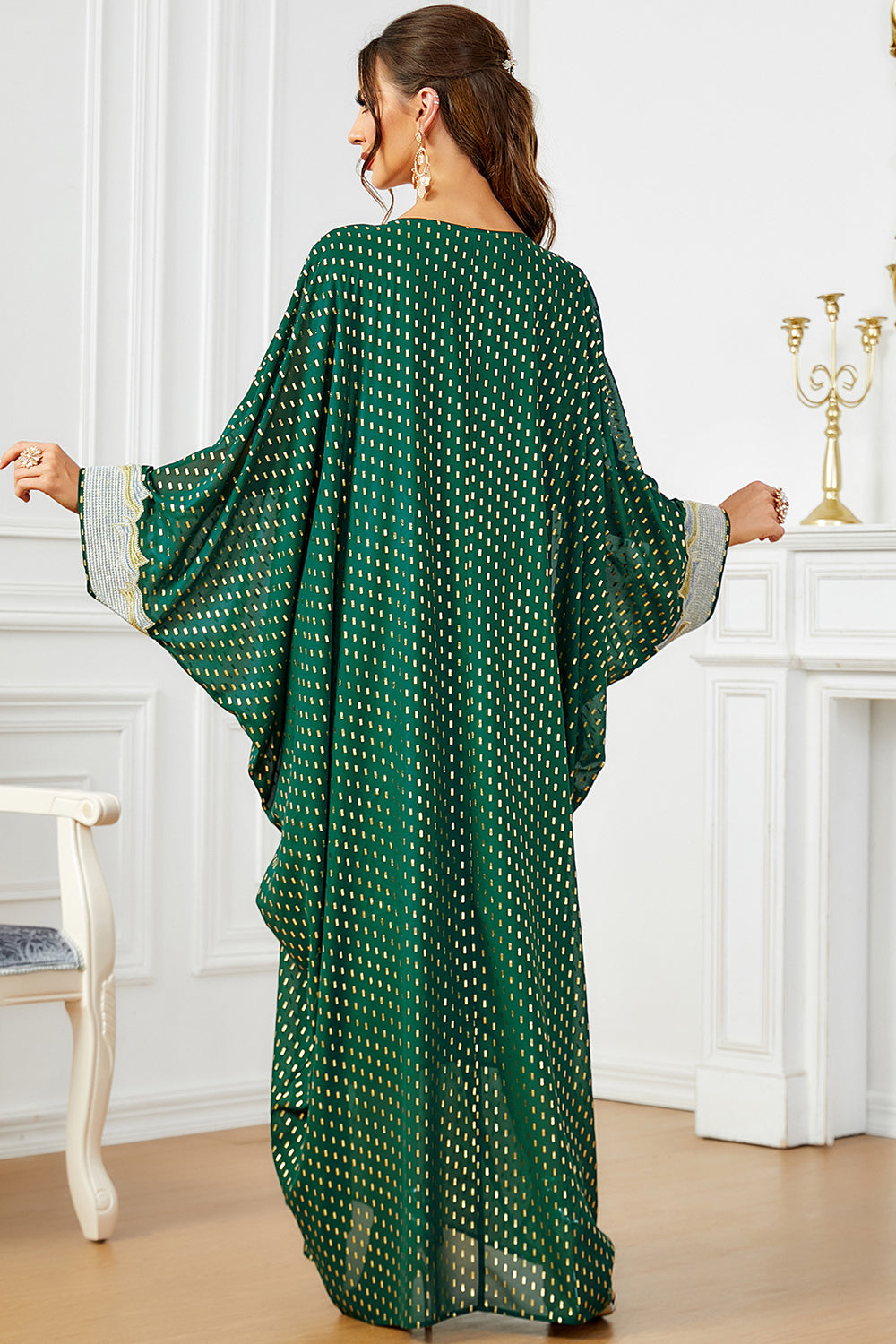 Robe de soirée abaya kaftan à manches chauve-souris à pois blanc vert