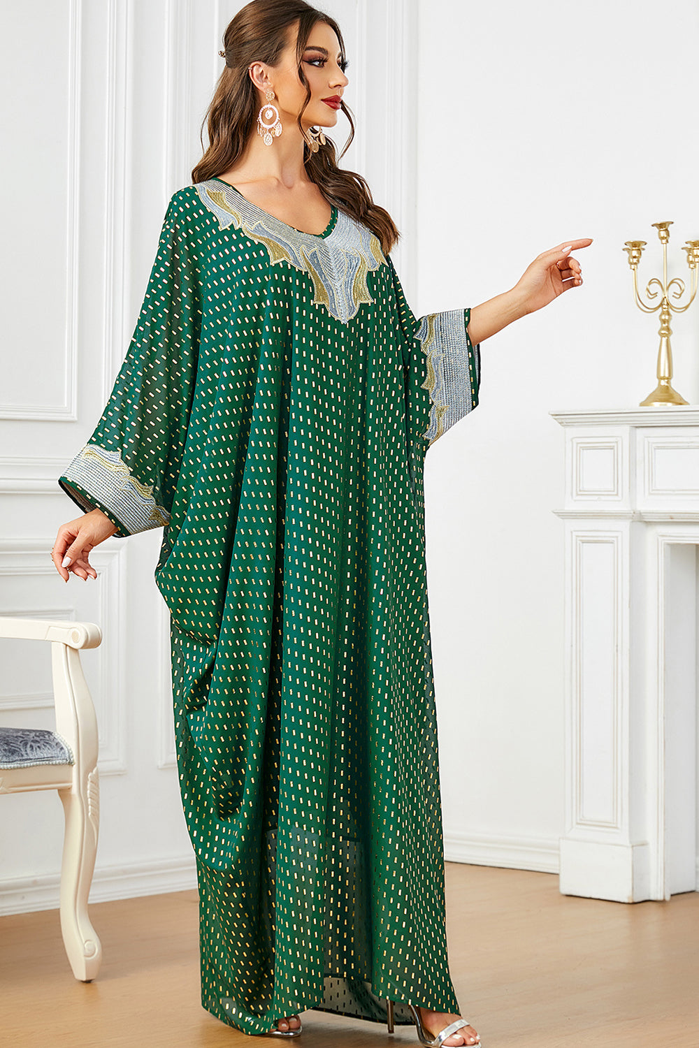 Robe de soirée abaya kaftan à manches chauve-souris à pois blanc vert