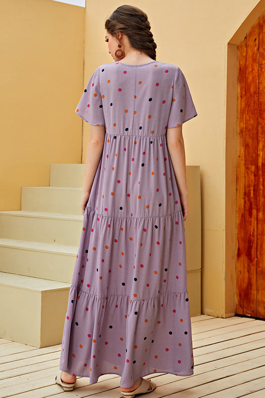 Robe décontractée d'été à pois à manches courtes gris violet