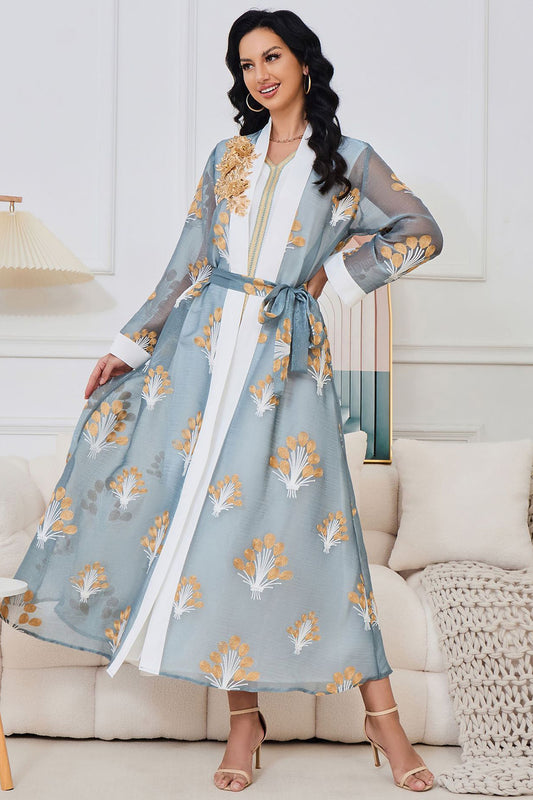 Robe musulmane deux pièces gris bleu à manches longues avec broderie dorée Abaya Kaftan