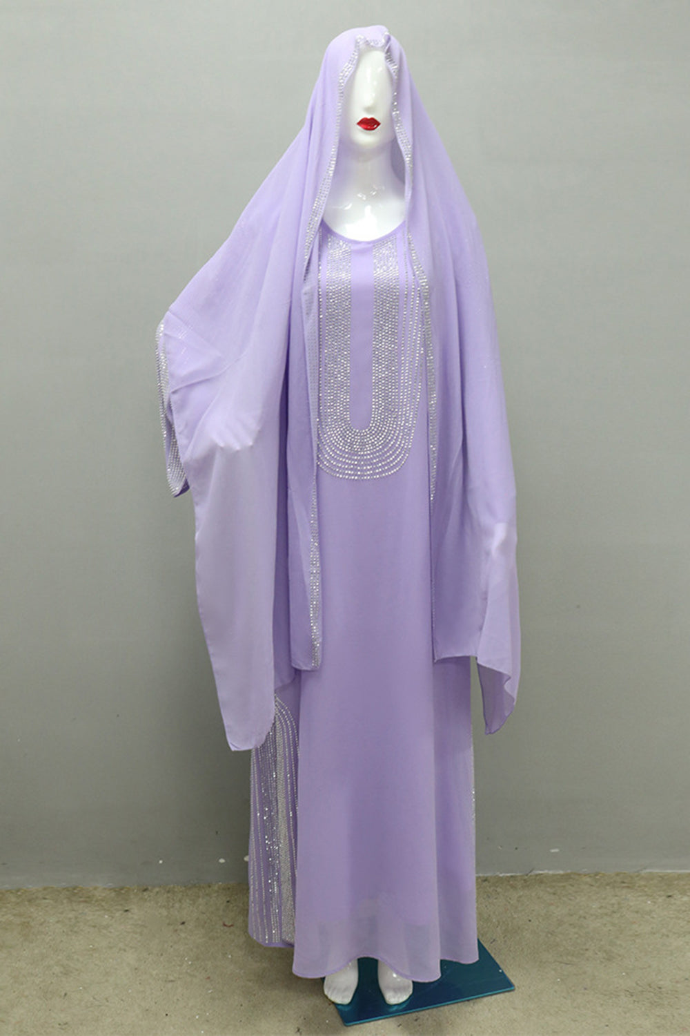 Caftan Abaya perlé à manches longues gris violet avec écharpe