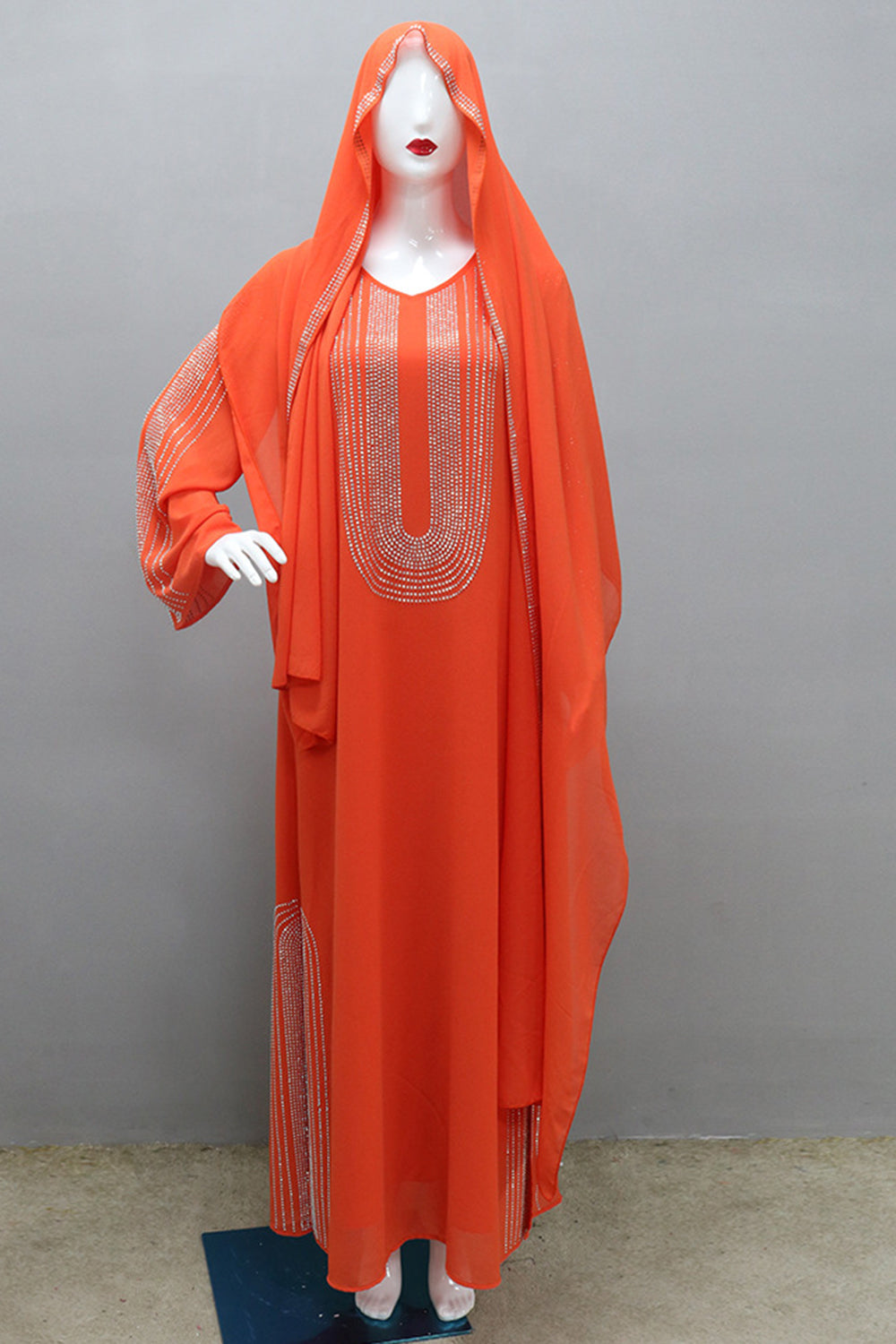 Caftan Abaya perlé à manches longues gris violet avec écharpe