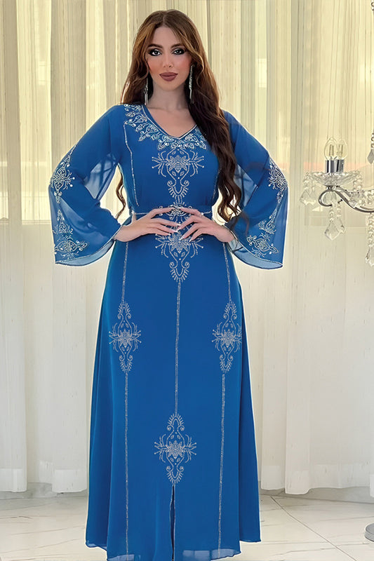 Robe en mousseline de soie Abaya Kaftan d'été perlée bleue